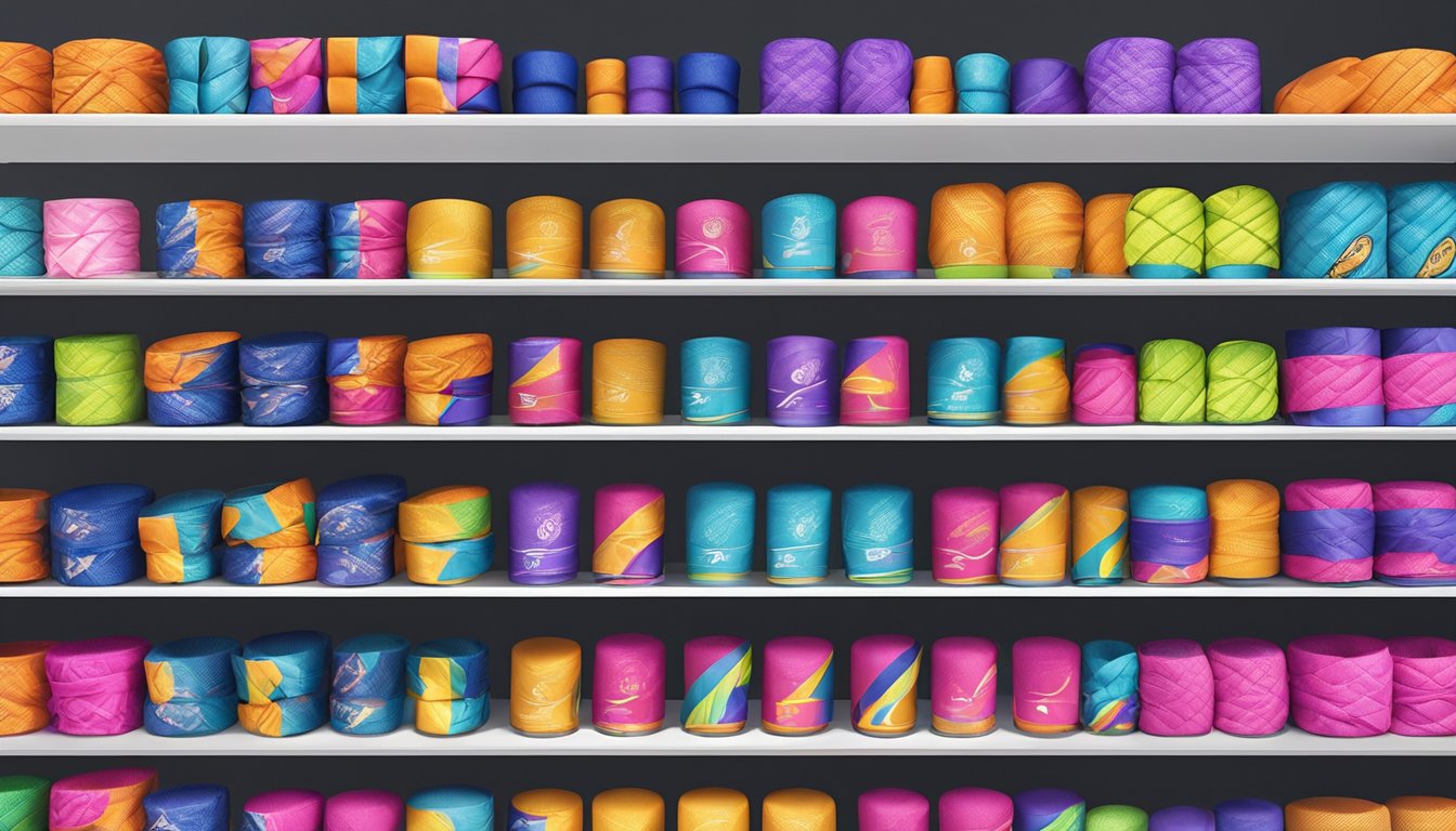 A display of colorful boxing hand wraps on shelves in a sports equipment store in Singapore. Bright lighting highlights the various brands and sizes available for purchase