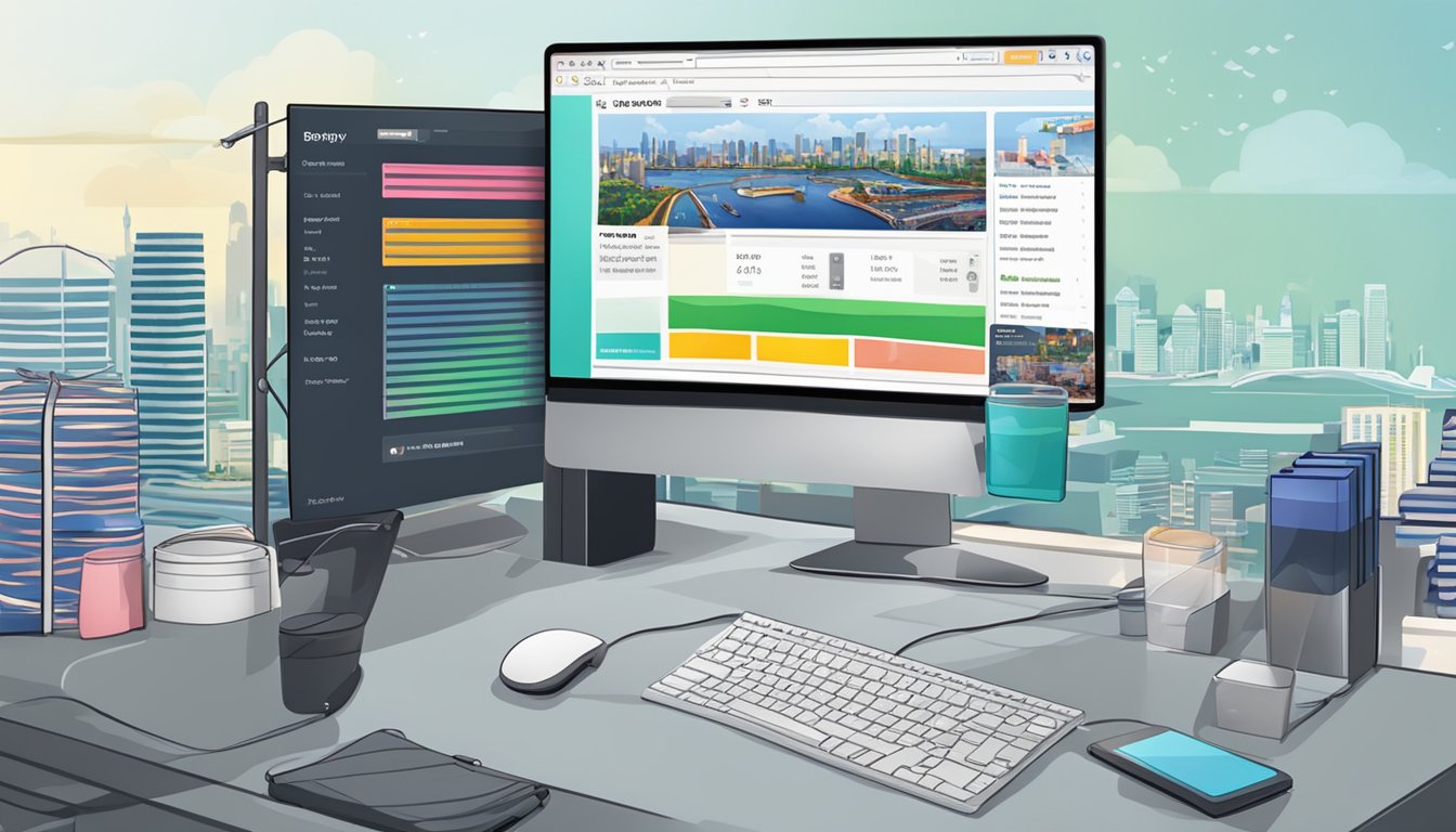 A computer screen displaying a boxing hand wrap product page with a "Buy Now" button, Singapore skyline in the background