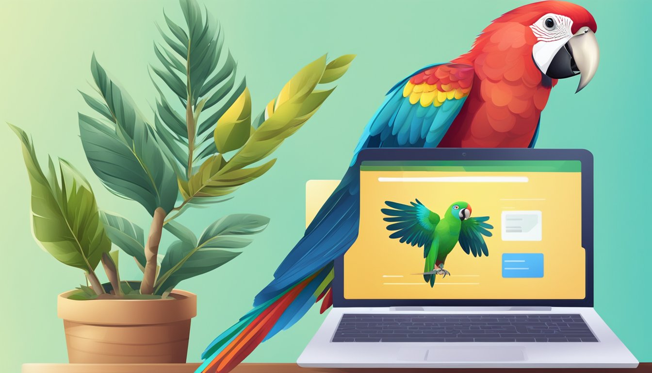 A colorful parrot perched on a branch, with a laptop in the background displaying a website selling parrots