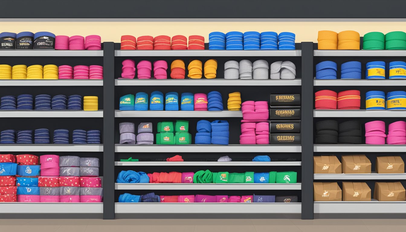 A display of boxing hand wraps in a Singapore store, with various brands and colors on shelves, accompanied by a "Frequently Asked Questions" sign