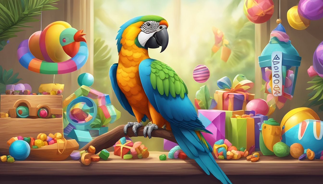 A colorful parrot perched on a branch, surrounded by various toys and treats, with a sign reading "Choosing Your Parrot" in the background