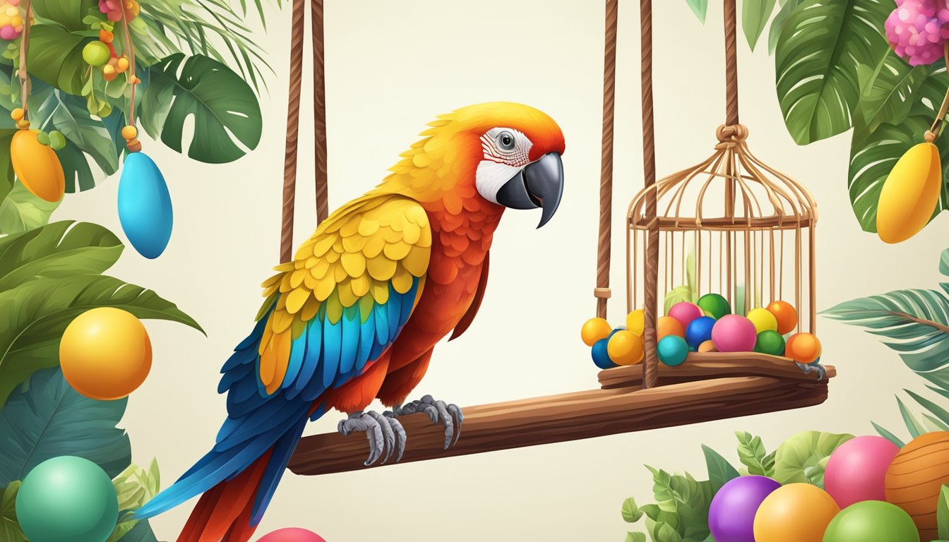 A colorful parrot perched on a wooden swing, surrounded by a variety of toys, food dishes, and a spacious cage with perches and branches