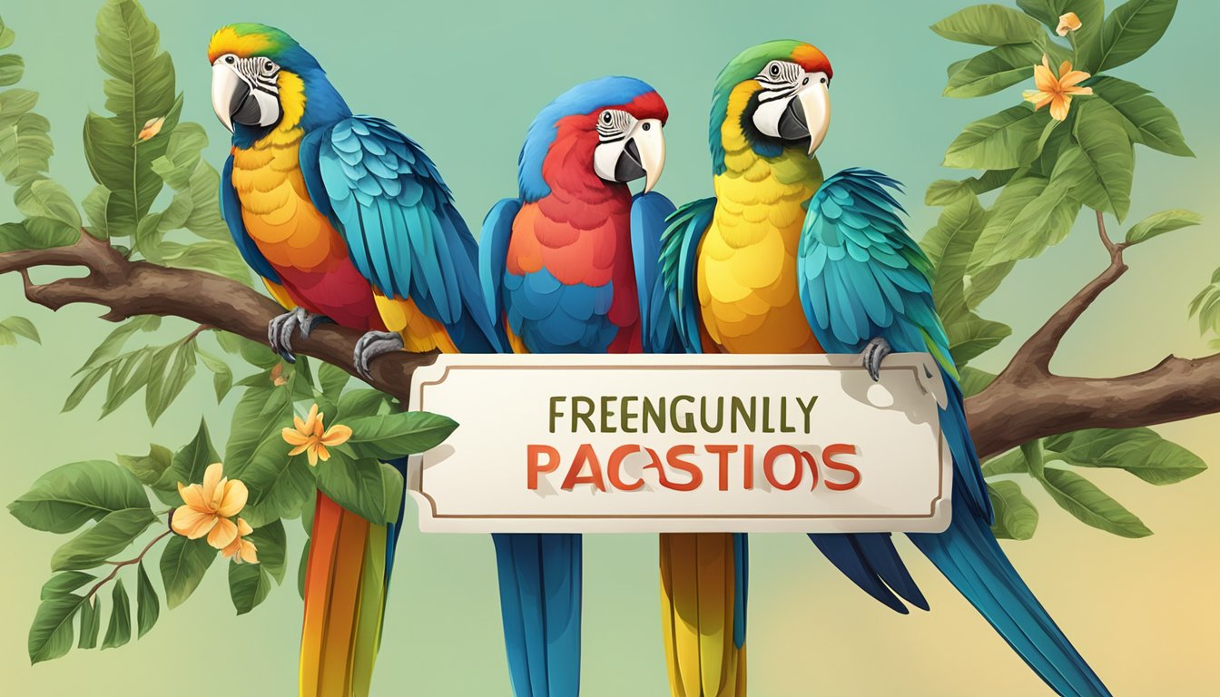 Colorful parrots perched on branches, with a "Frequently Asked Questions" sign in the background