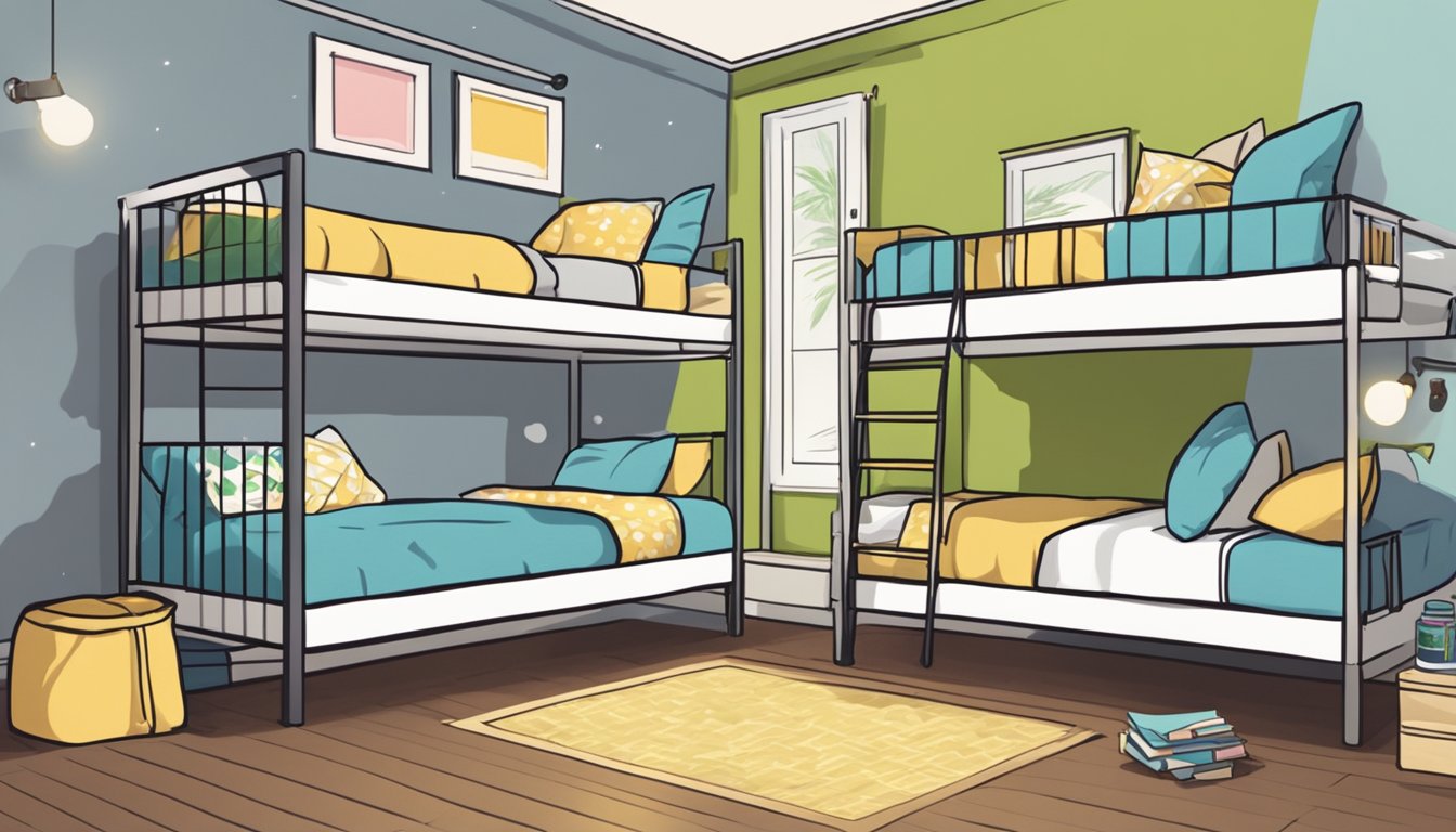 A cozy bedroom with two bunk beds, neatly made with colorful bedding. A sign on the wall reads "Frequently Asked Questions: where to buy bunk bed in Singapore."