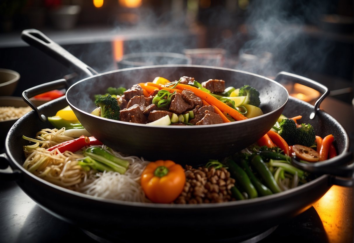 Sizzling wok with beef, ginger, and vegetables. Steam rising, vibrant colors, and enticing aroma. Ingredients neatly arranged nearby
