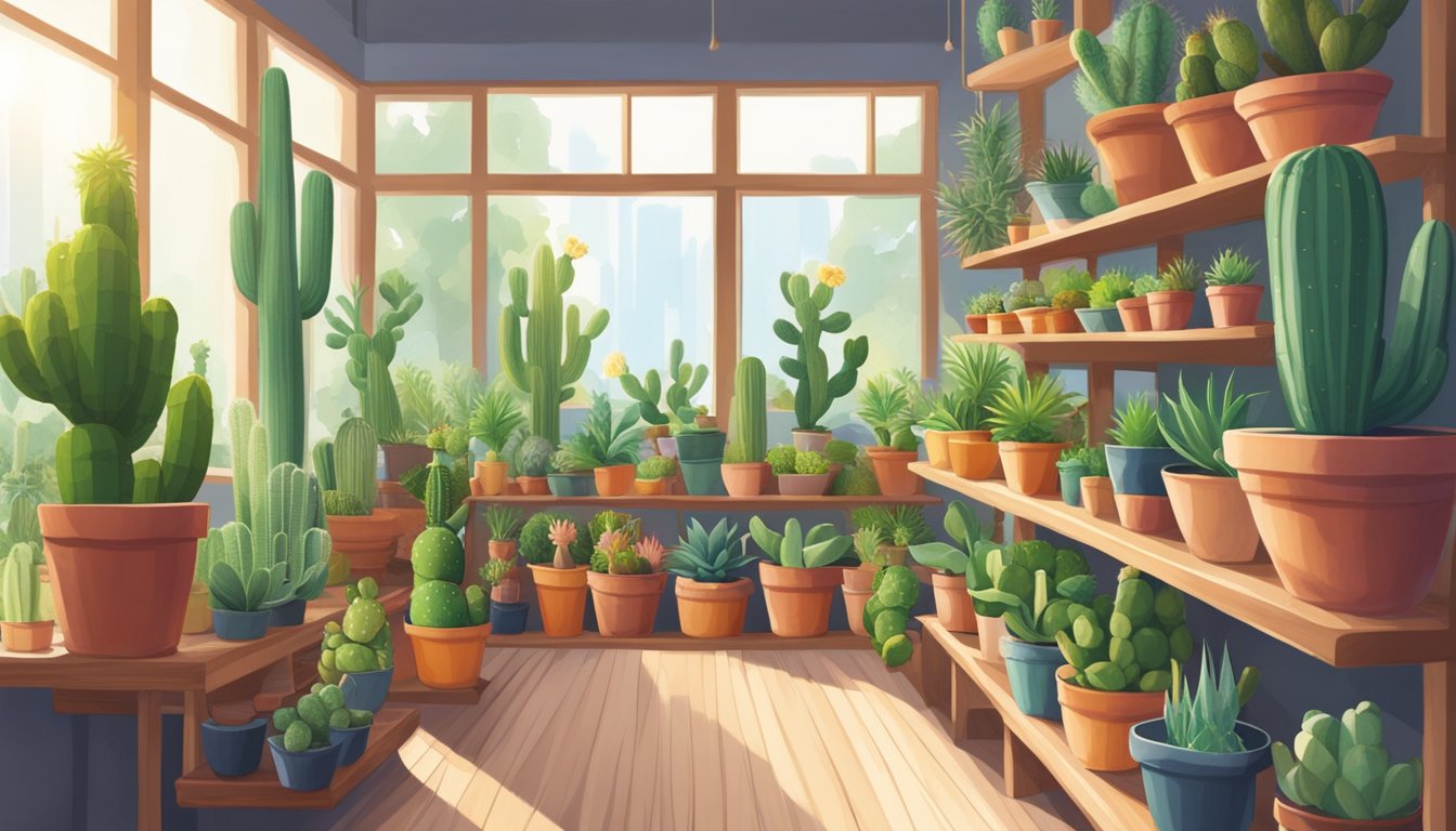A quaint plant shop in Singapore displays a variety of cactus plants on wooden shelves, with colorful pots and natural sunlight streaming through the window