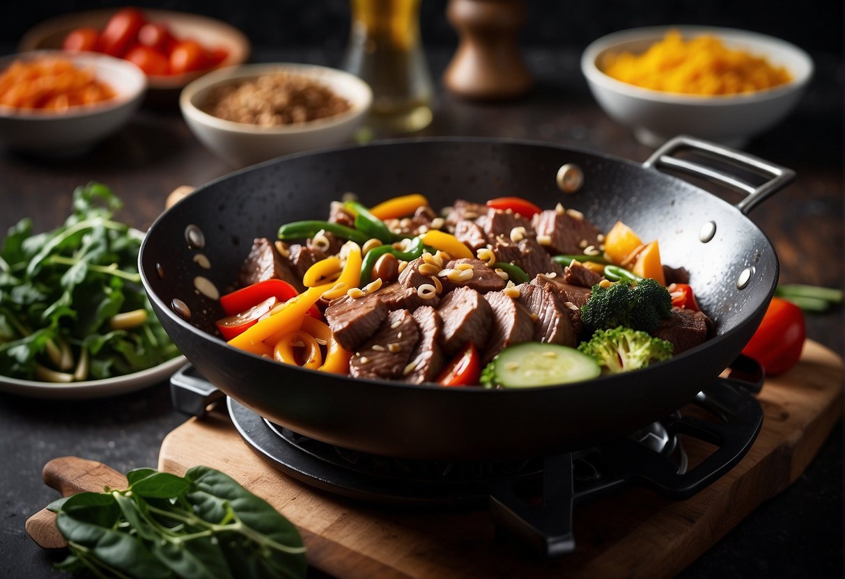 A sizzling wok cooks tender slices of beef with ginger, garlic, and soy sauce, surrounded by colorful vegetables and aromatic spices