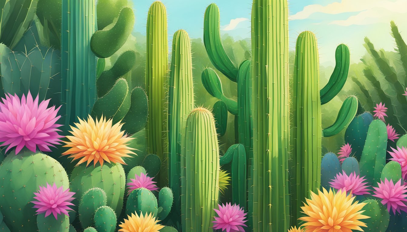 A vibrant cactus stands tall against a backdrop of lush greenery in a Singaporean plant nursery. The sunlight illuminates its unique shape and vibrant green color, making it the perfect addition to any home