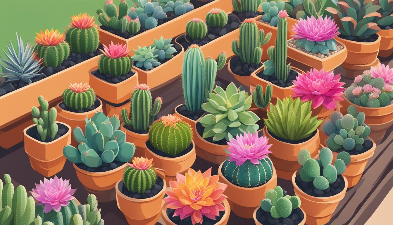 A colorful display of cactus plants in a Singaporean garden center, with rows of potted succulents and vibrant blooms
