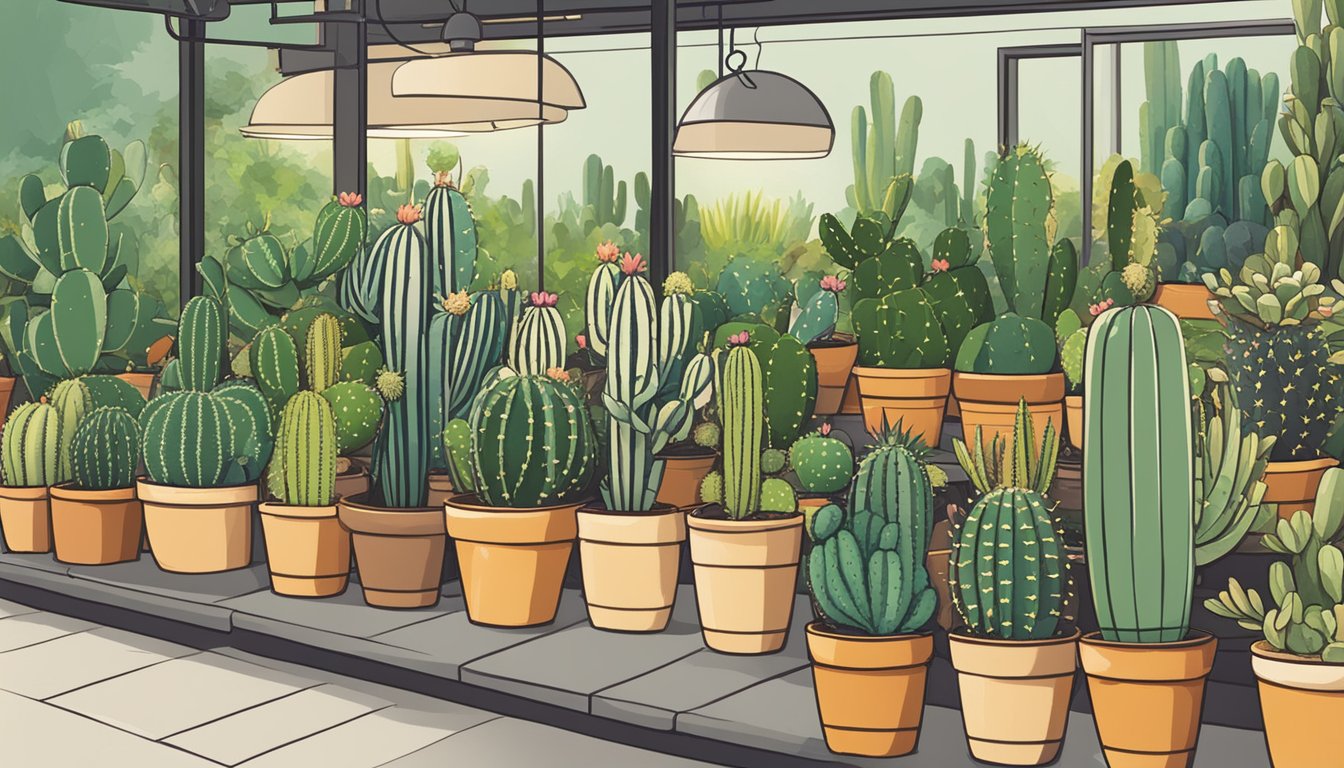 A display of various cactus plants in pots at a garden center in Singapore, with a sign reading "Frequently Asked Questions: Where to buy cactus plants in Singapore"
