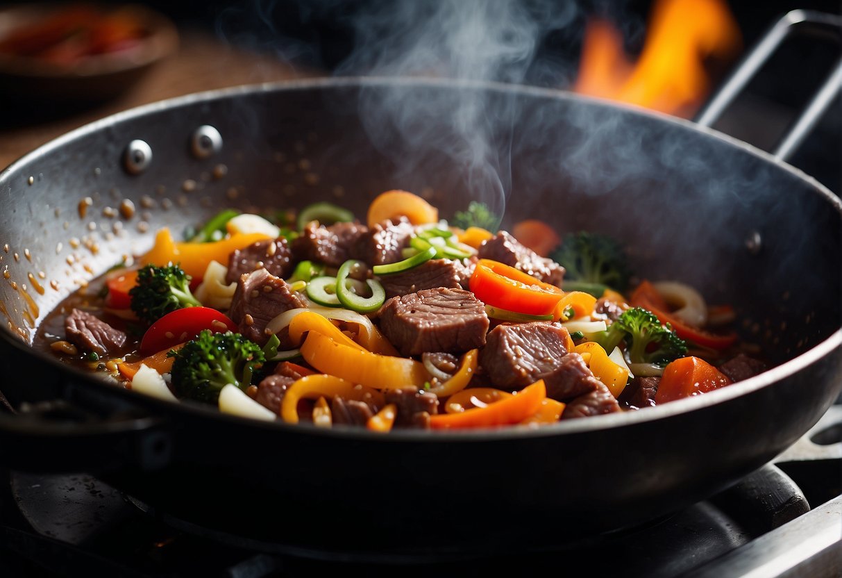 Sizzling wok with thinly sliced beef, ginger, and vegetables being tossed in a fragrant sauce. Steam rising, vibrant colors