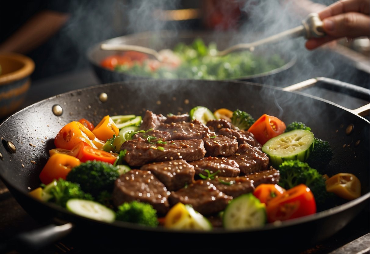 Sizzling beef and ginger in a wok, steam rising, vegetables being tossed in. Soy sauce and spices being added