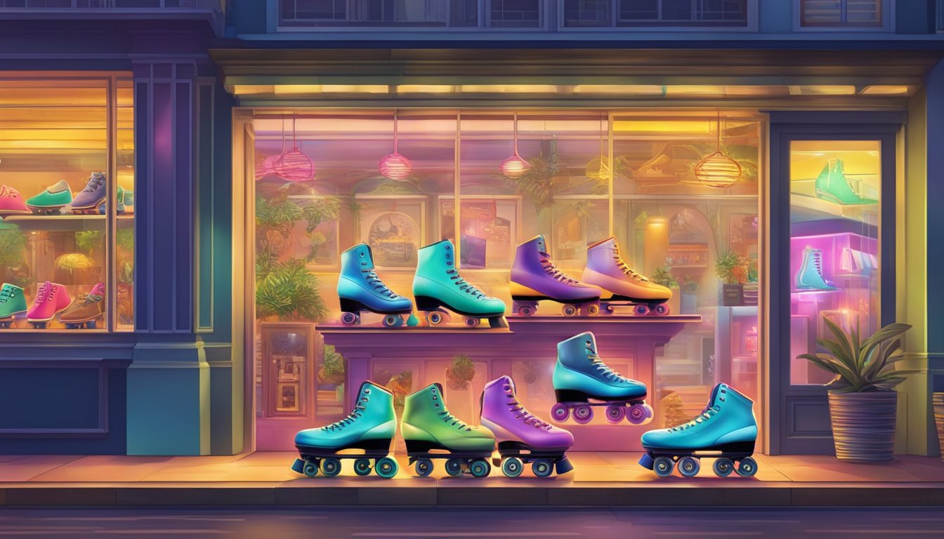 Colorful roller skates displayed on a vibrant storefront in Singapore. Bright lights and lively atmosphere