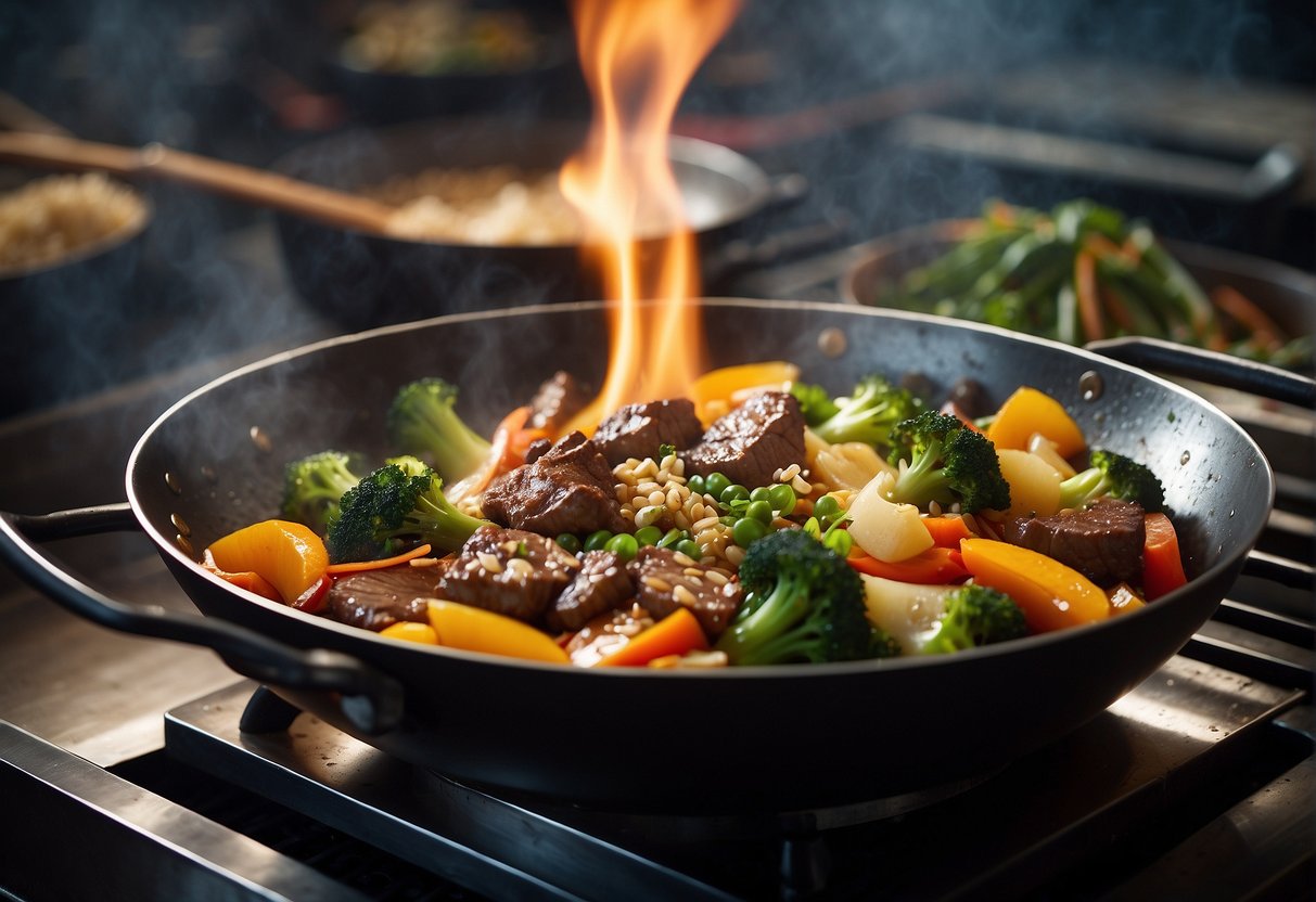 A wok sizzles as beef, ginger, and vegetables are stir-fried. Steam rises, and the aroma of soy sauce and garlic fills the air