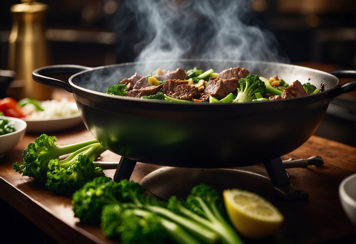 A sizzling wok with chunks of tender beef, vibrant green vegetables, and aromatic ginger and garlic, as steam rises and the savory aroma fills the air