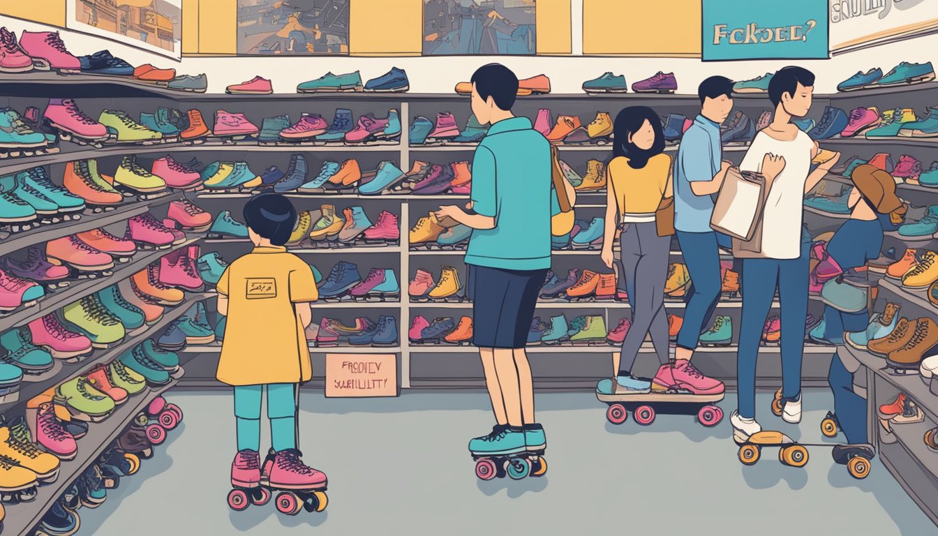 A group of people browsing through a variety of roller skates at a store in Singapore, with a sign reading "Frequently Asked Questions" displayed prominently