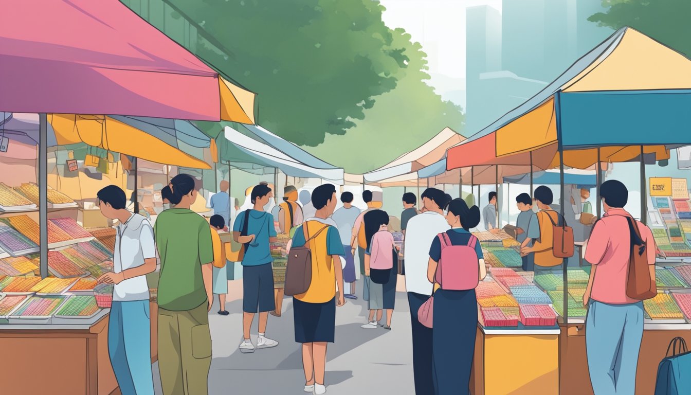 A bustling Singapore market stall with colorful calendars on display, customers browsing and a vendor answering questions