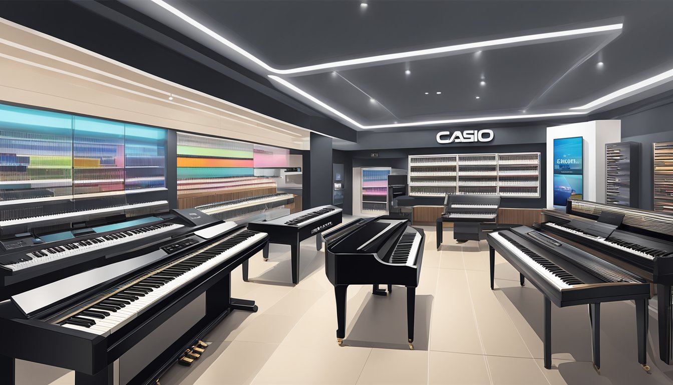 A bright, modern music store in Singapore showcases a range of Casio digital pianos, with sleek designs and advanced features