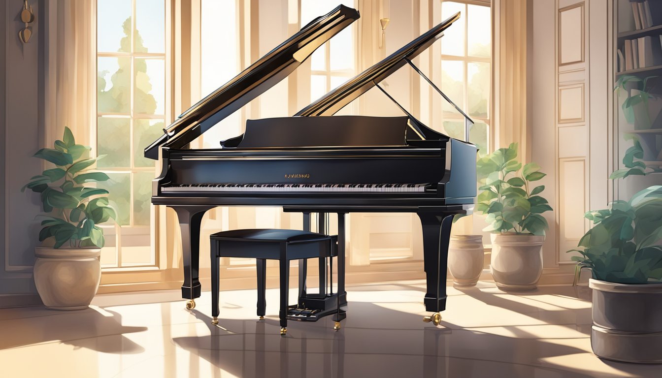 A grand piano sits in a sunlit room with a comfortable bench nearby. A music stand holds sheet music, while headphones and a pedal add to the ideal piano experience