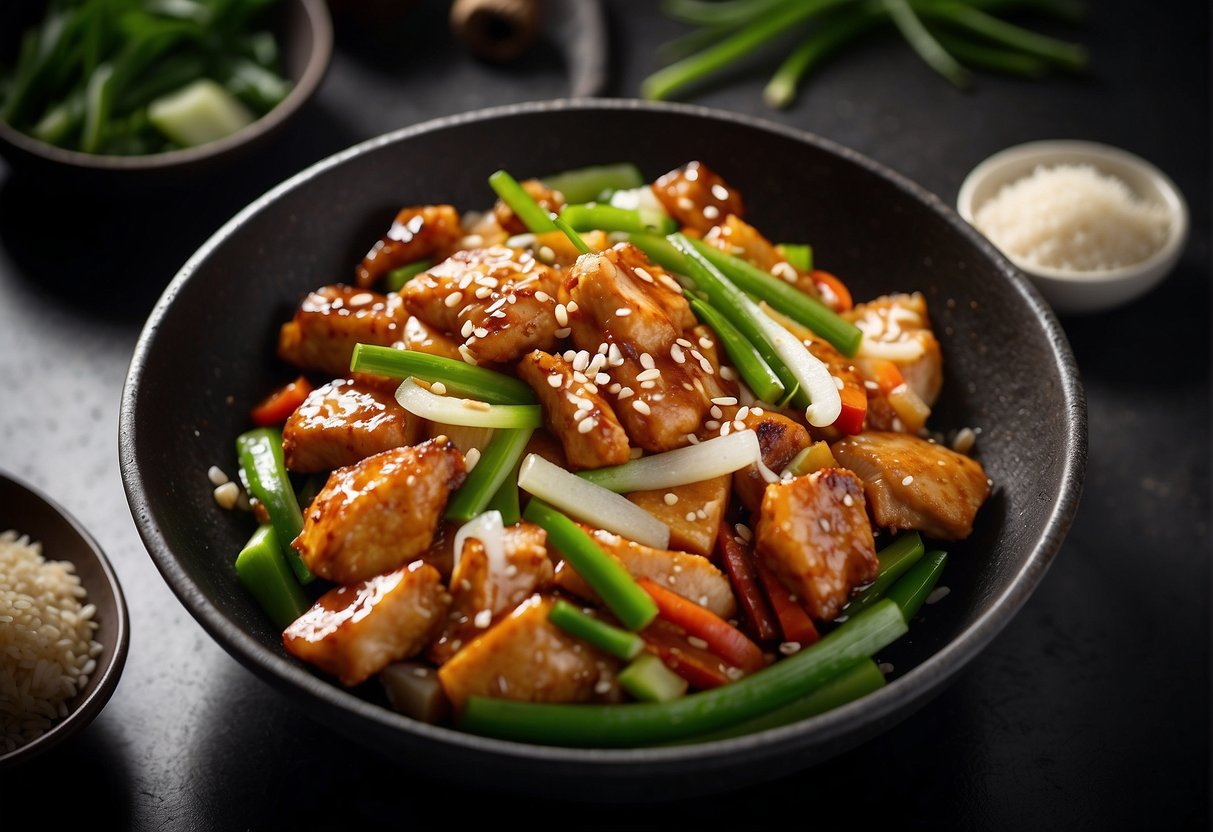 A wok sizzles with marinated chicken, ginger, and soy sauce. Steam rises as the ingredients are stir-fried to perfection. Green onions and sesame seeds garnish the finished dish
