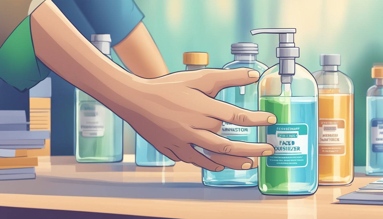 A hand reaching for a bottle of sanitizer with a "Frequently Asked Questions" sign in the background
