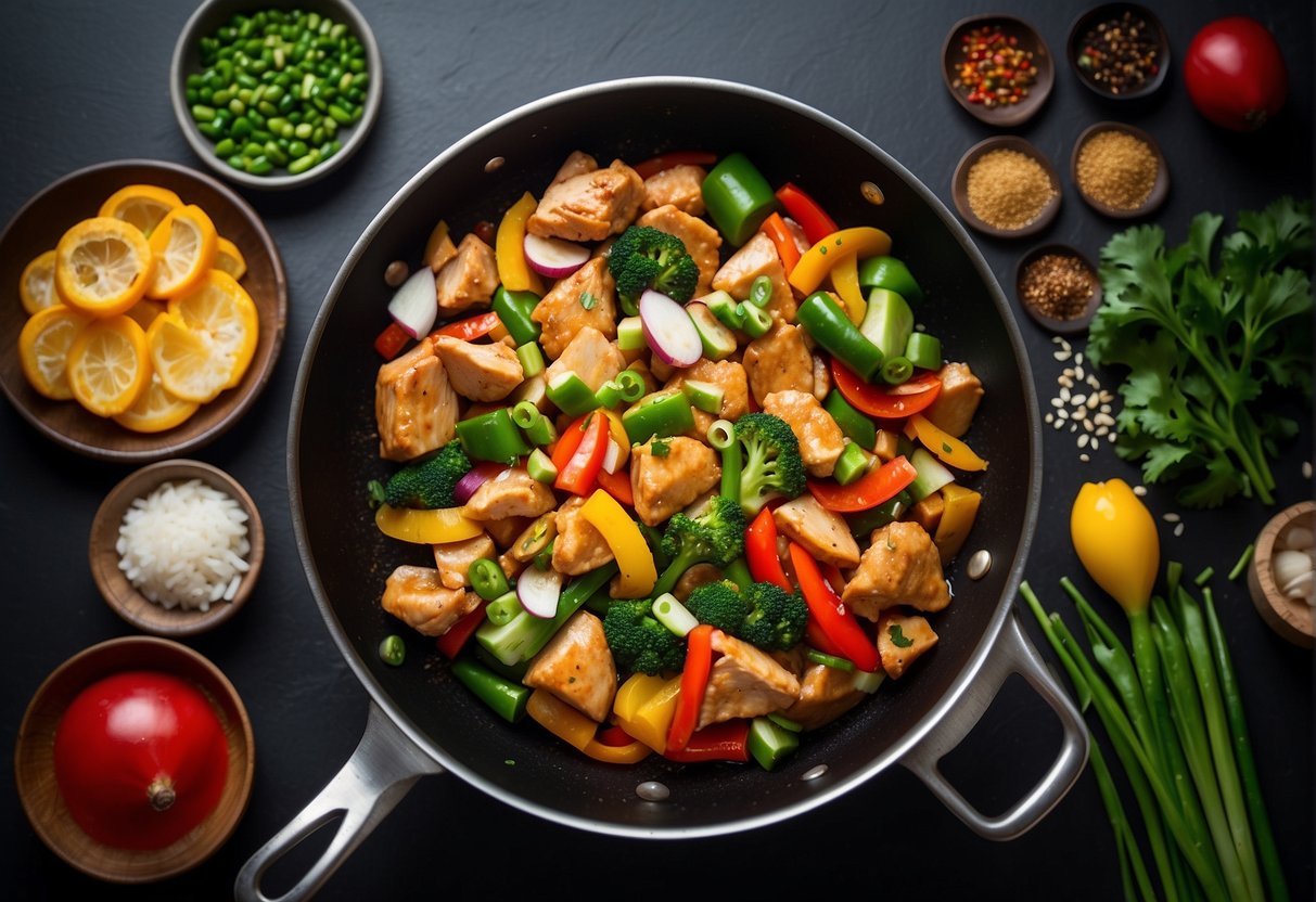 Sizzling chicken stir-fry in a wok with sliced ginger, garlic, and green onions, surrounded by colorful vegetables and aromatic spices