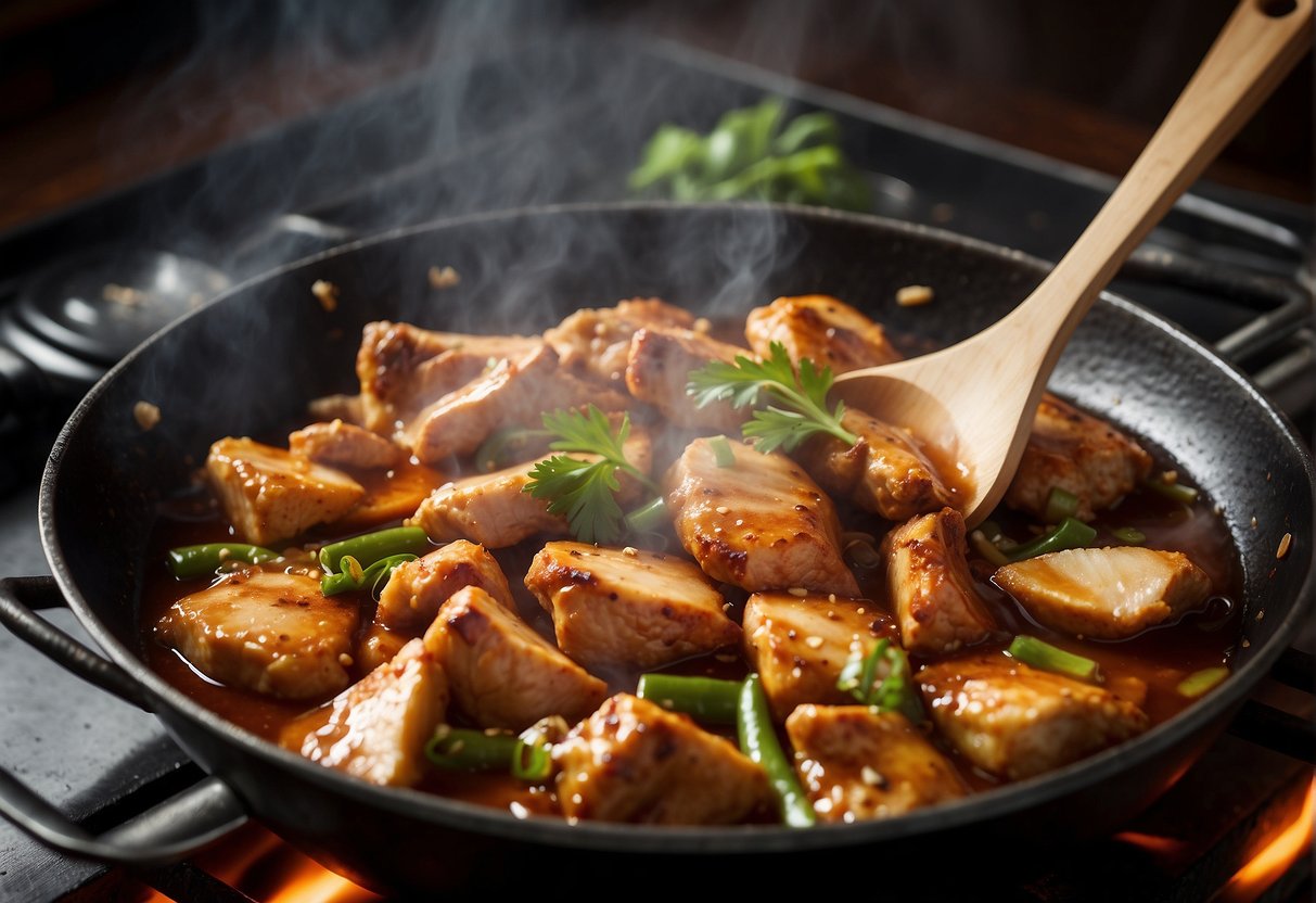 Sizzling chicken and ginger in a wok, steam rising, with soy sauce and spices nearby