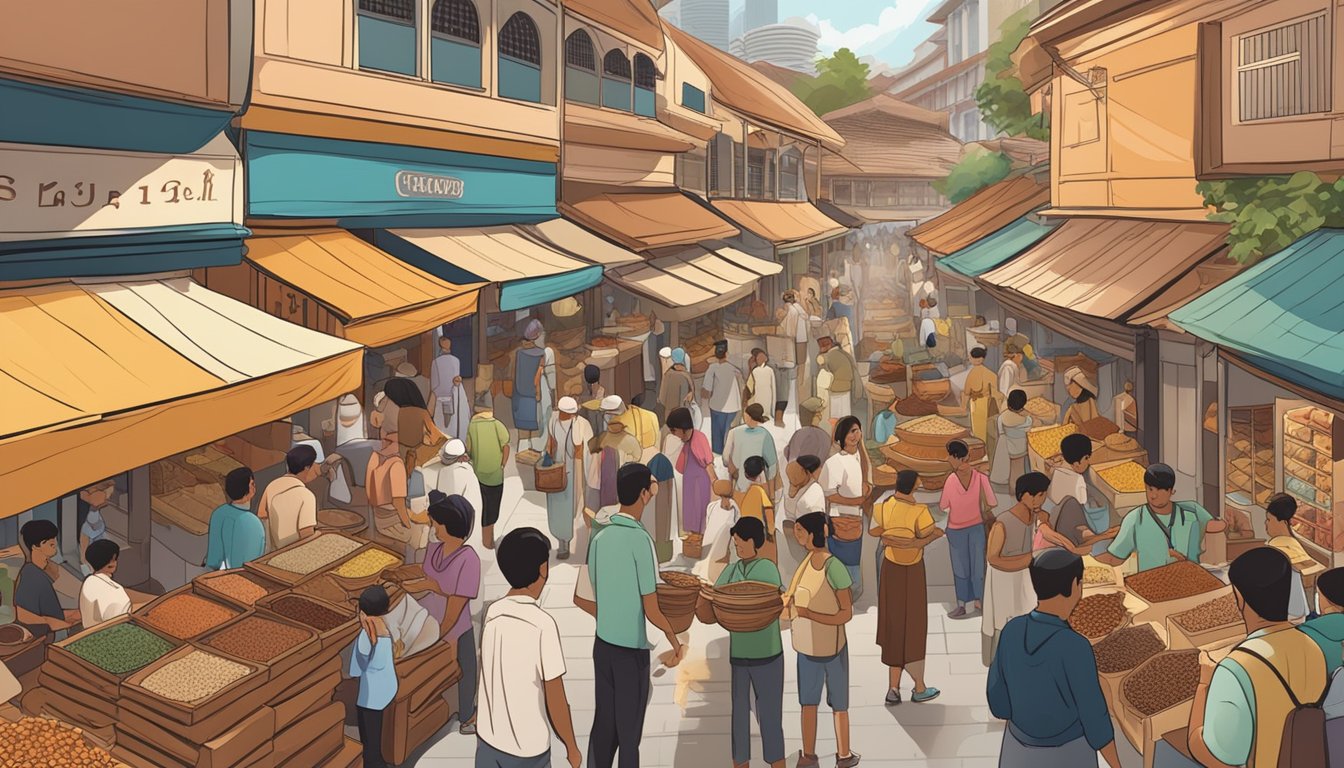 A bustling spice market in Singapore, with colorful displays of Ceylon cinnamon sticks and powder, vendors engaging with customers, and the aroma of spices filling the air