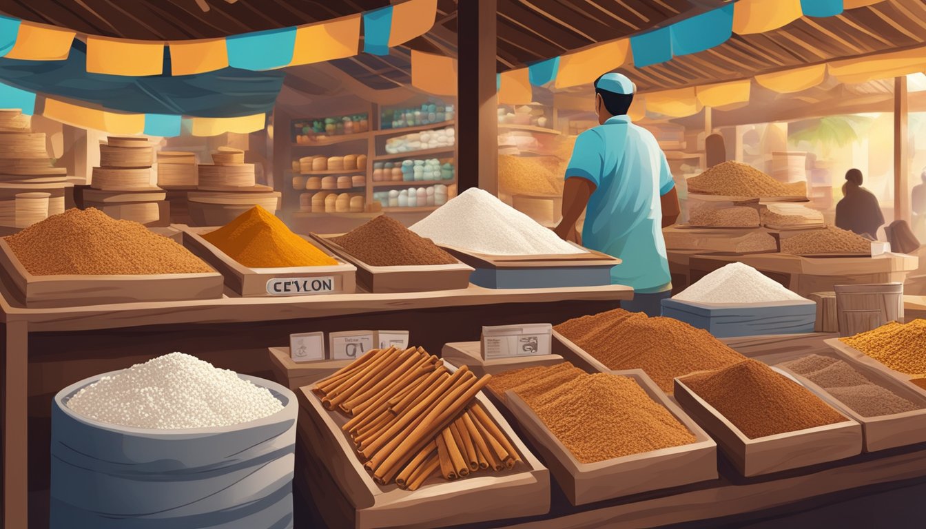 A display of Ceylon cinnamon sticks and powder in a vibrant market setting in Singapore