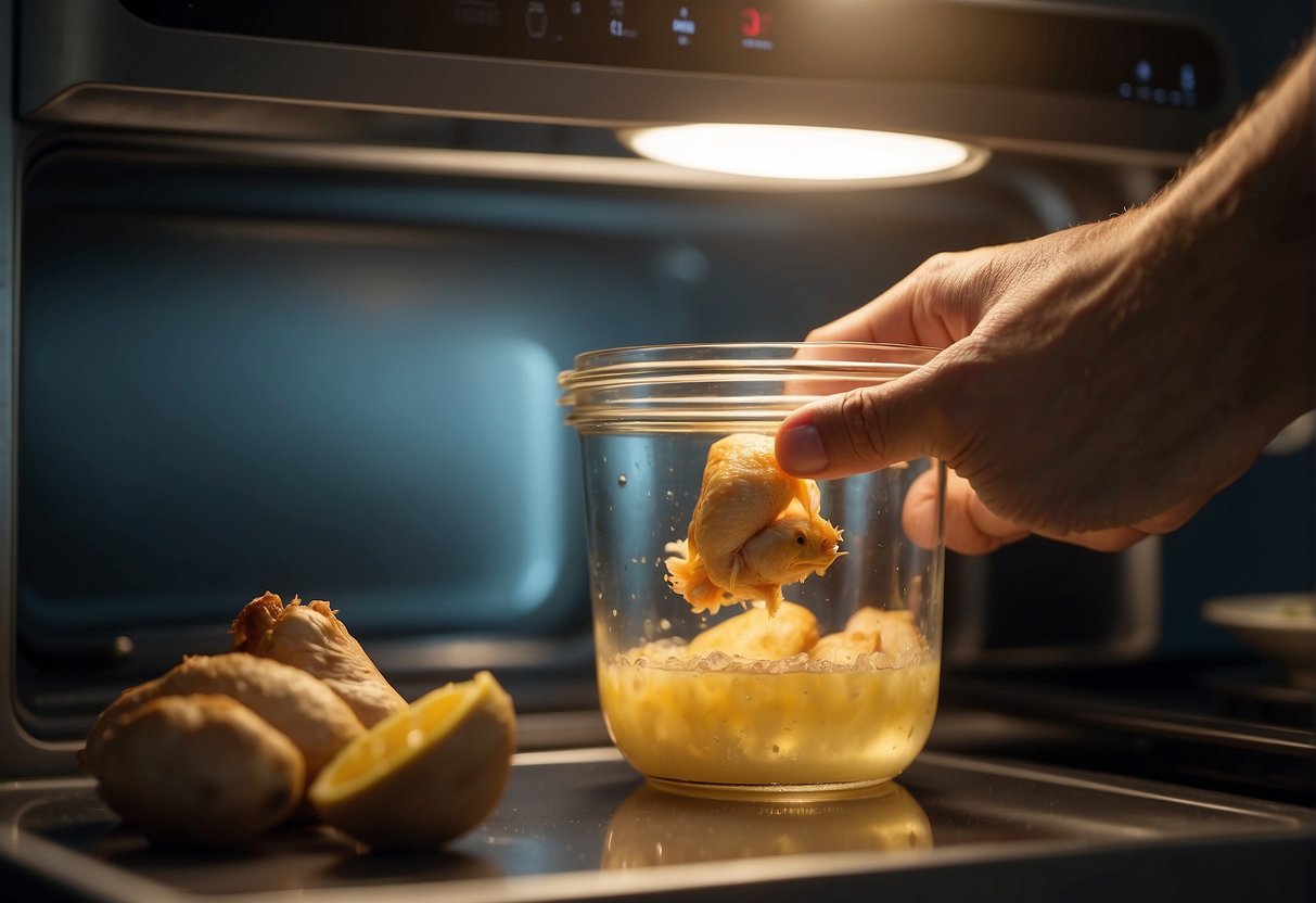 A hand pours ginger chicken into a glass container. It then places the container in the refrigerator. Later, the hand removes the container and reheats the chicken in a microwave