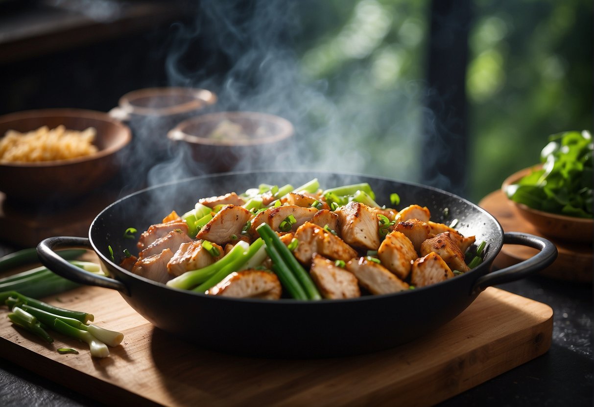 A steaming wok sizzles with tender chunks of ginger-infused chicken, surrounded by vibrant green onions and aromatic garlic