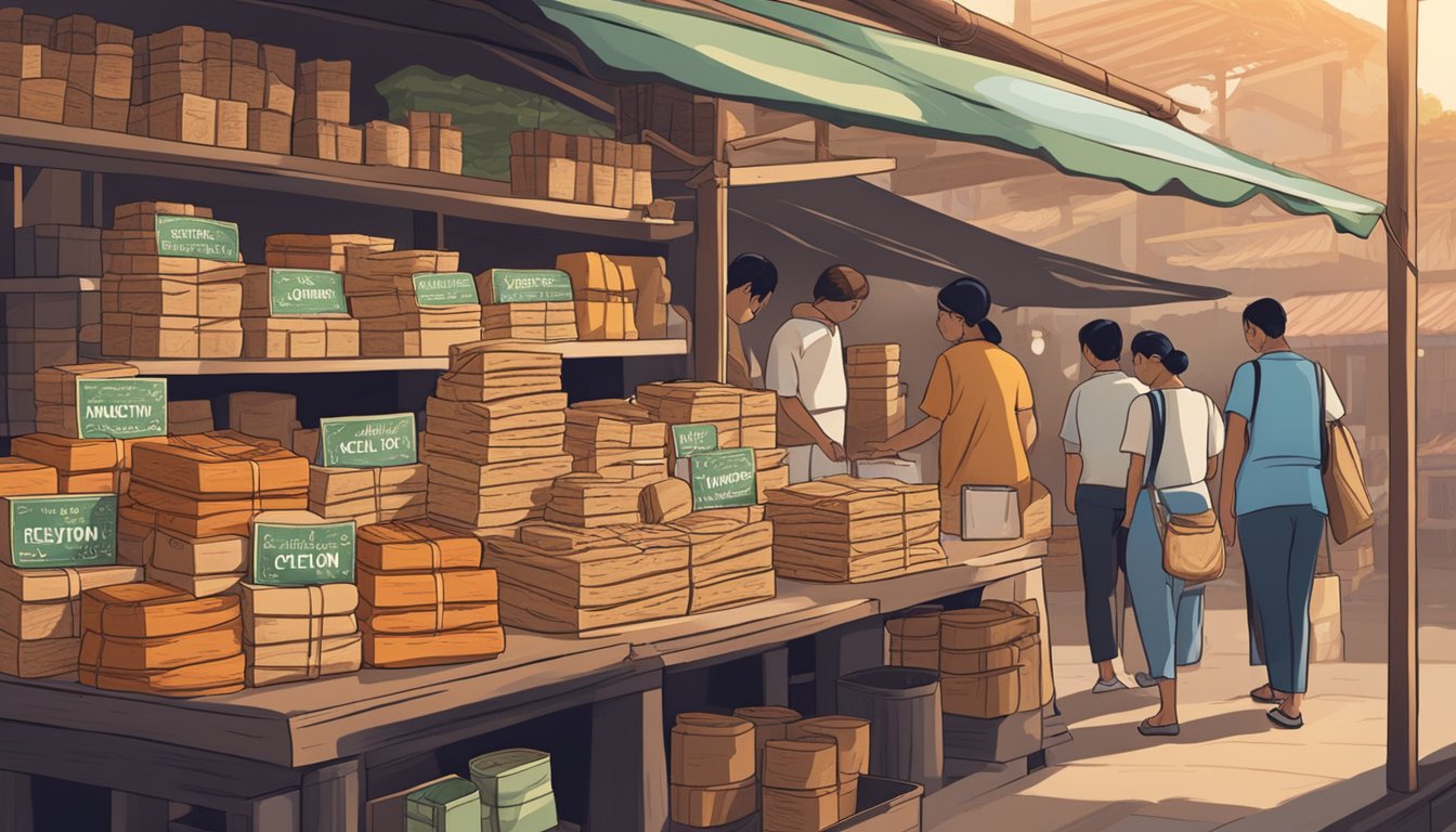 A bustling market stall with shelves of ceylon cinnamon packages, a sign displaying "Frequently Asked Questions: where to buy ceylon cinnamon in Singapore."