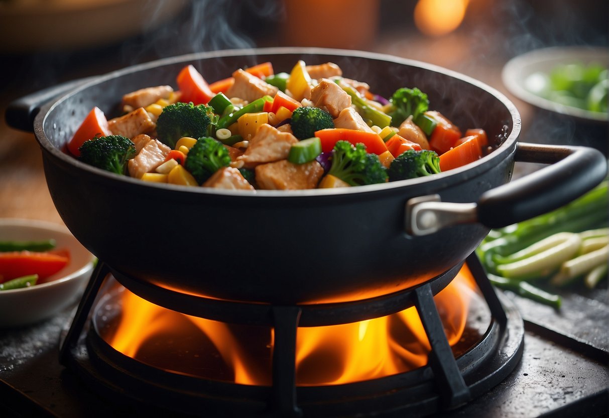A wok sizzles with diced chicken, ginger, and colorful vegetables, as steam rises and the aroma of soy sauce fills the air