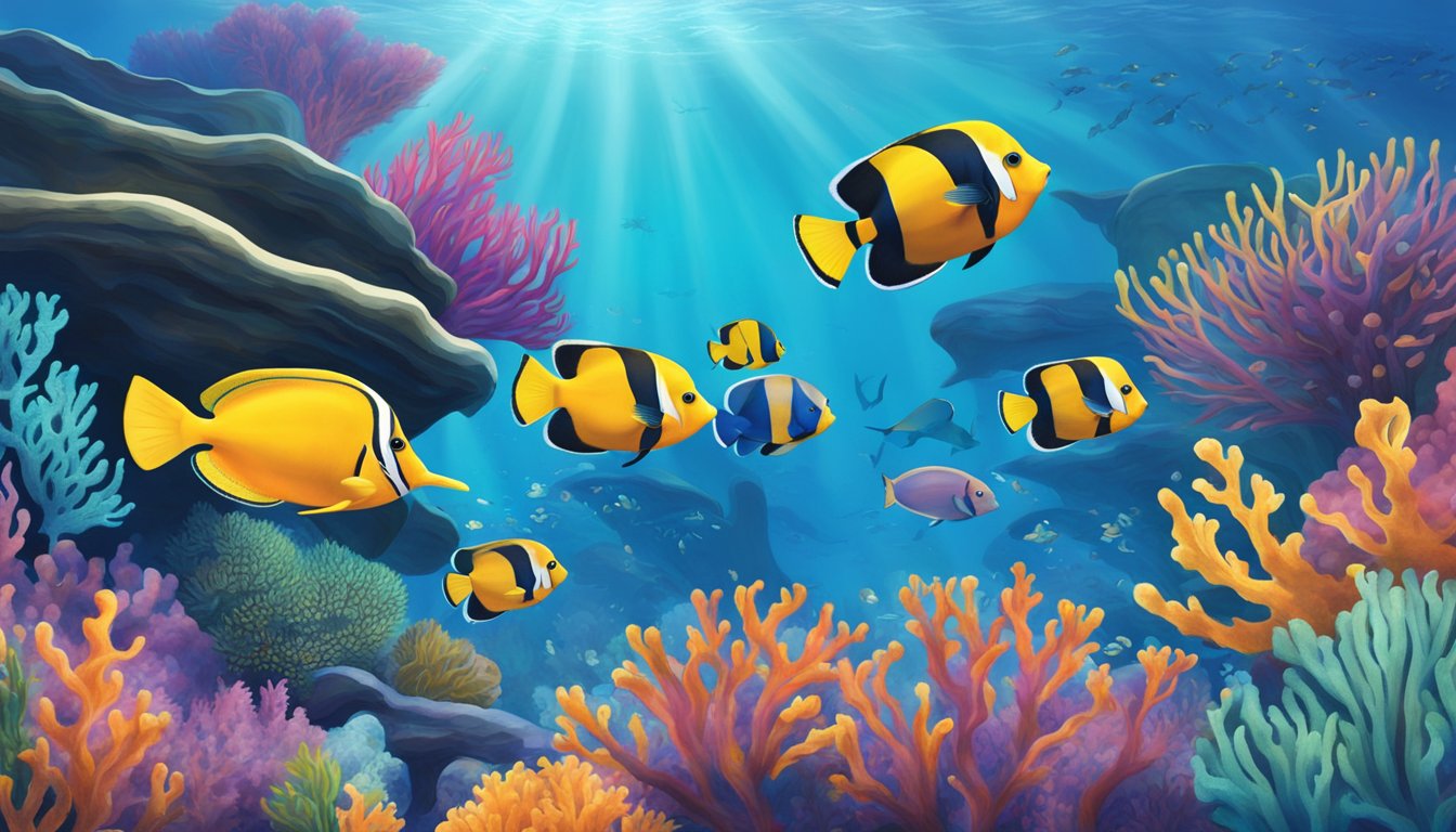 A group of marine animals swim through colorful coral reefs in the S.E.A. Aquarium, surrounded by clear blue water