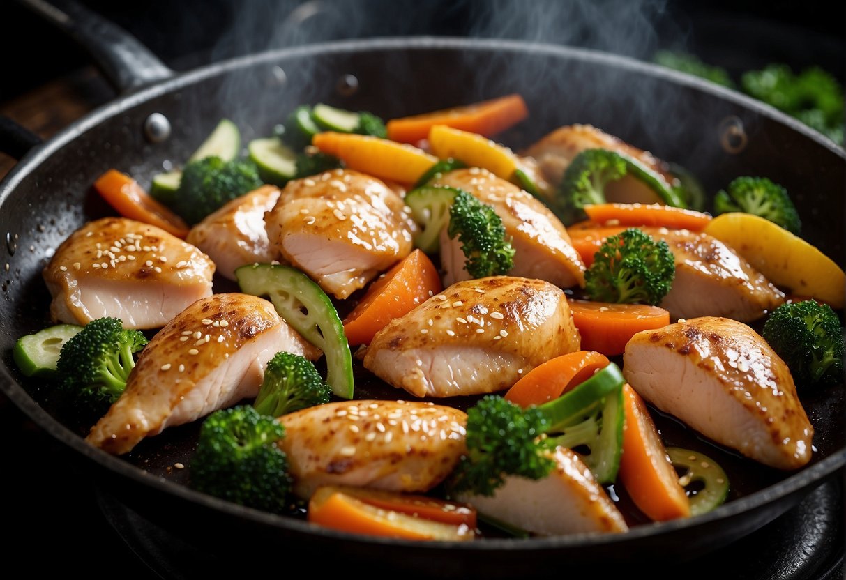 Sliced chicken, ginger, and vegetables sizzling in a wok over high heat with soy sauce and sesame oil being added