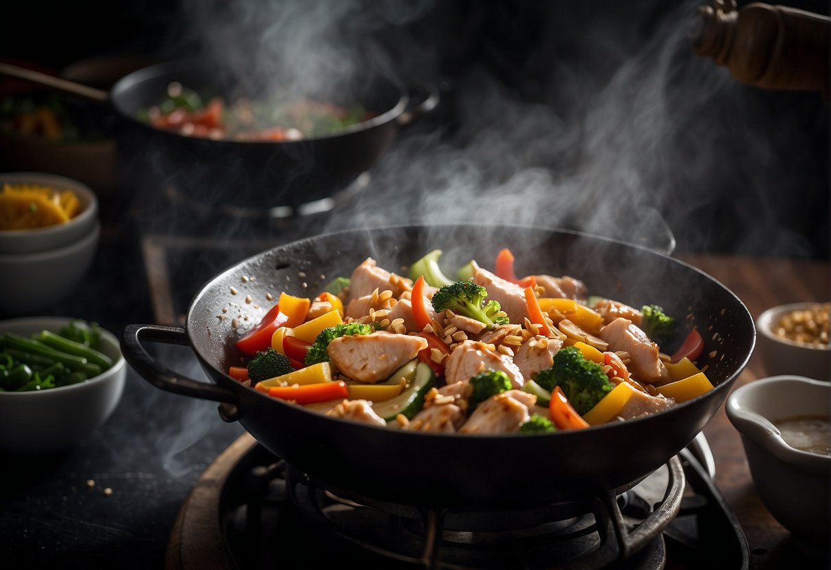 Sizzling wok with diced chicken, ginger, and colorful vegetables. Steam rising, fragrant aroma fills the kitchen. Soy sauce drizzled over the sizzling dish
