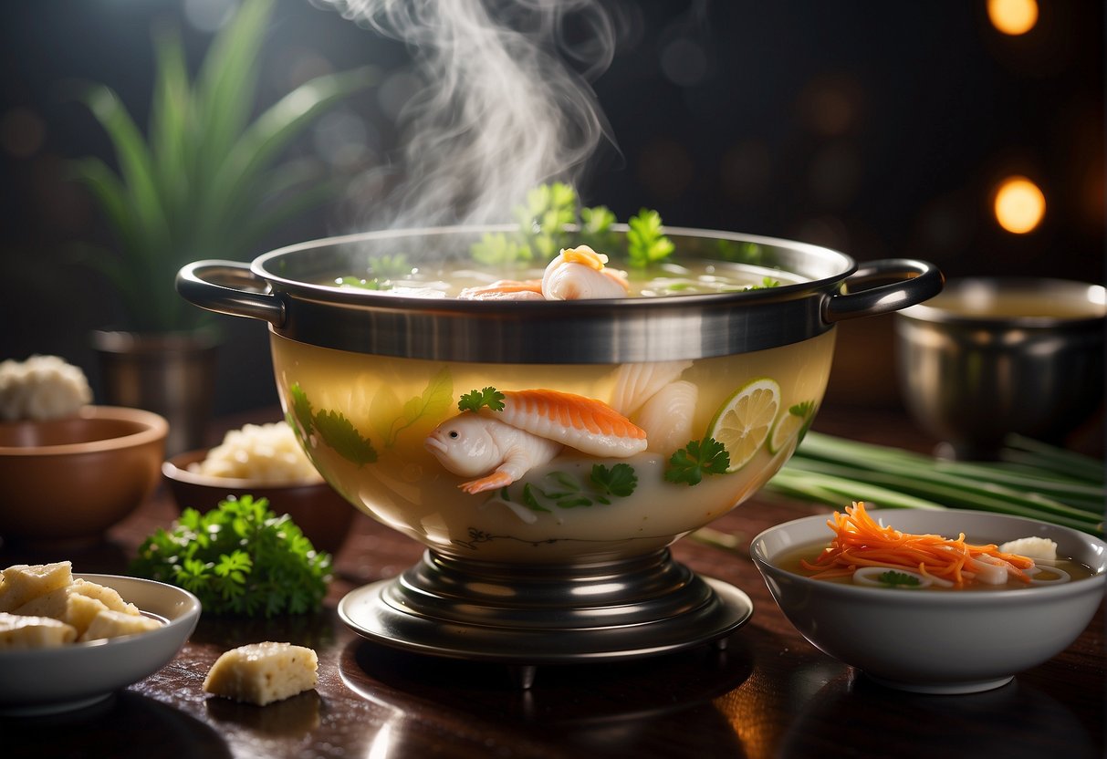 A steaming pot of Chinese ginger fish soup, with chunks of tender fish, ginger slices, and green onions floating in a clear, flavorful broth