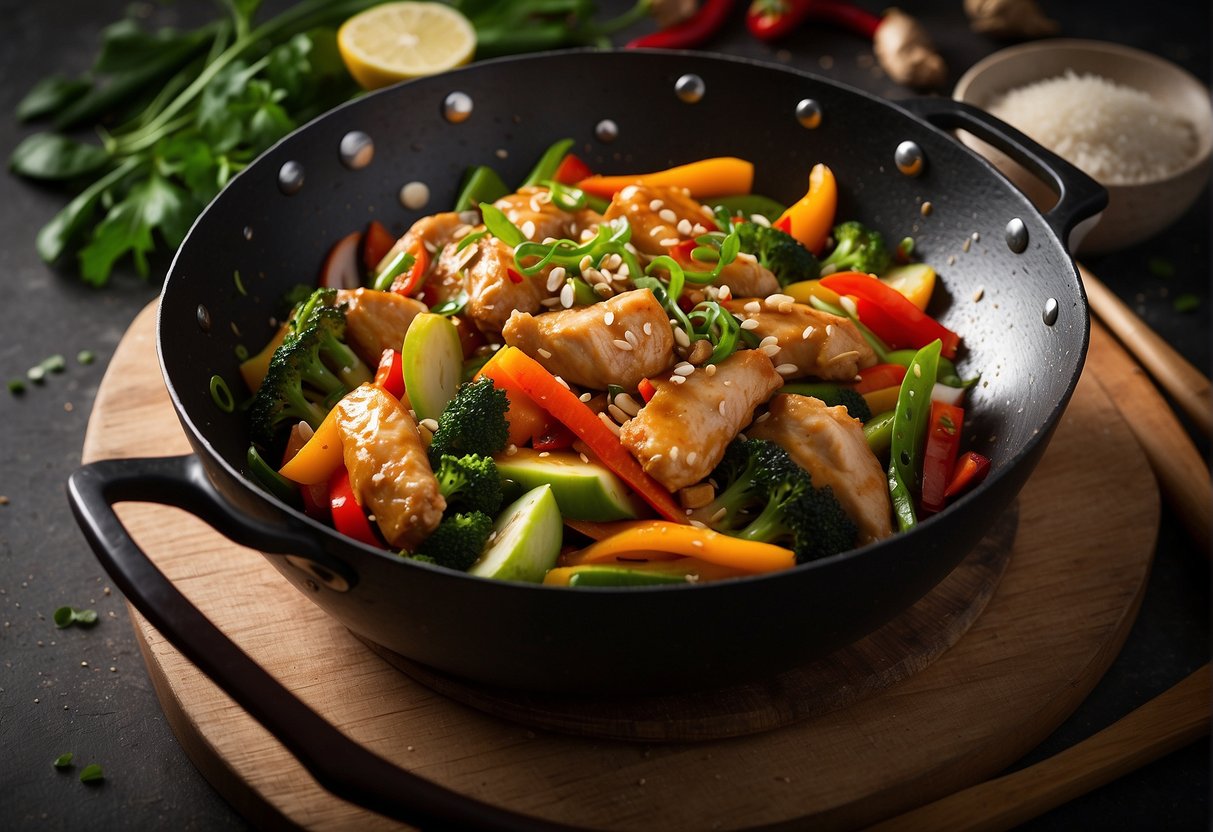 A sizzling wok with Chinese ginger chicken stir fry, surrounded by vibrant vegetables and aromatic herbs