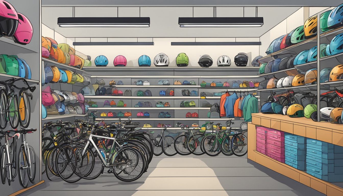 A crowded bike shop in Singapore displays racks of affordable accessories. Shelves hold helmets, lights, and locks. Customers browse the selection