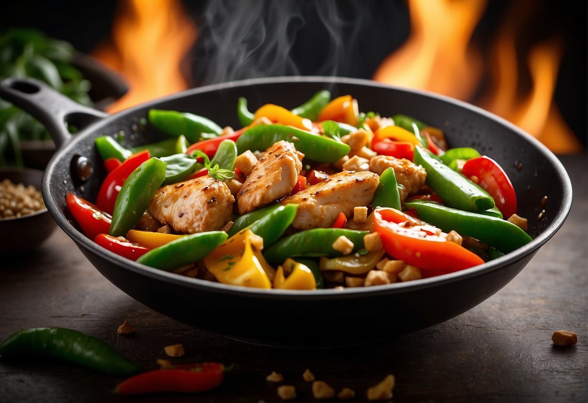 A sizzling wok filled with tender chunks of ginger-infused chicken, colorful bell peppers, and crisp snow peas, all coated in a savory soy-based sauce