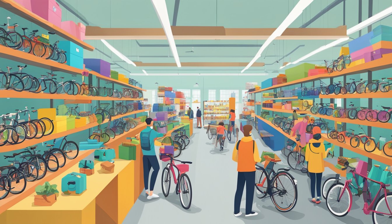 A bustling marketplace with rows of colorful bicycle accessories displayed on shelves and racks. Customers browse through the selection, comparing prices and examining the quality of the products