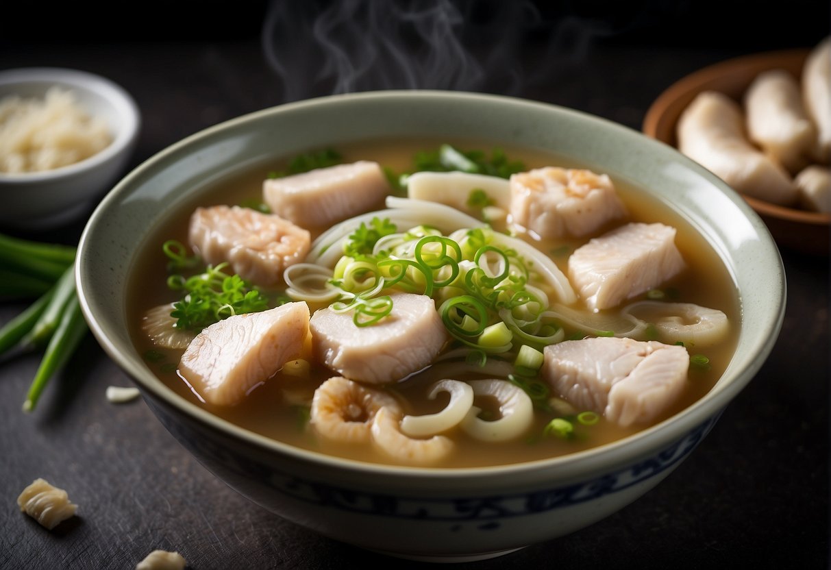 A steaming pot of Chinese ginger fish soup with slices of ginger, chunks of fish, and green onions floating in a fragrant broth