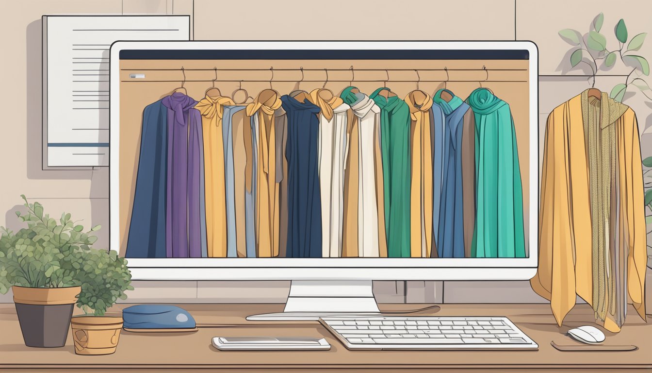 A computer with a mouse clicks on a website displaying various shawls for sale