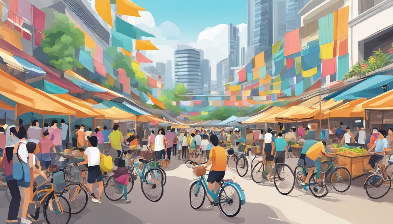 A bustling marketplace with colorful bicycle accessories on display, surrounded by eager customers and vendors in Singapore