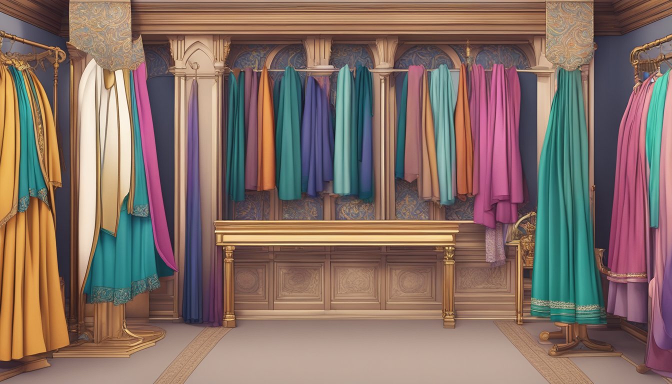 A colorful array of shawls displayed on a virtual storefront, with intricate patterns and luxurious fabrics enticing online shoppers