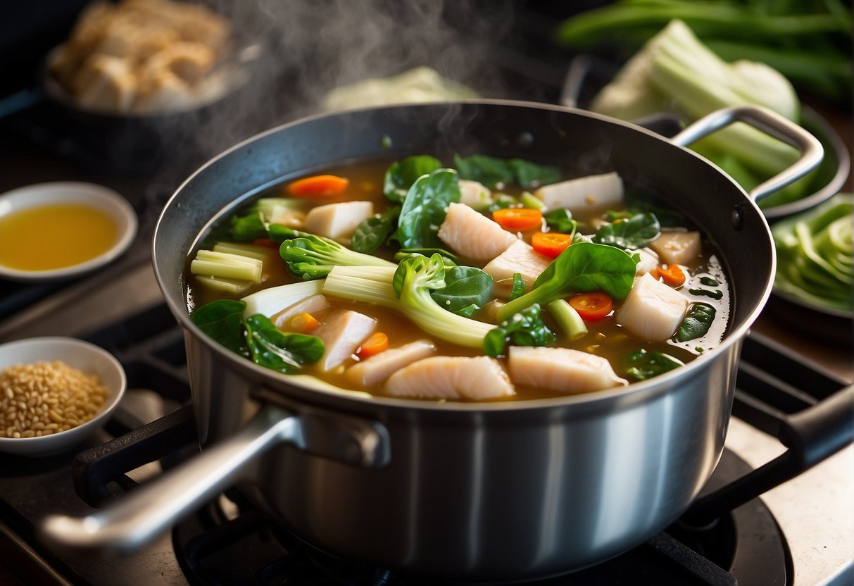 A pot simmers on a stove, filled with fragrant ginger, garlic, and fish broth. Fresh fish fillets wait to be added, surrounded by vibrant green bok choy and sliced red chili peppers