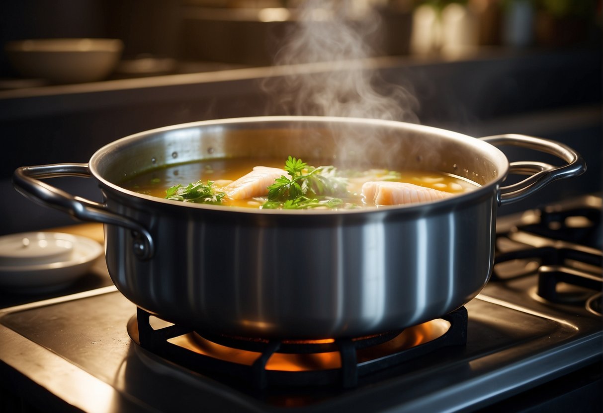 A pot simmers on a stove, filled with fragrant Chinese ginger fish soup. Steam rises as the ingredients meld together, creating a tantalizing aroma