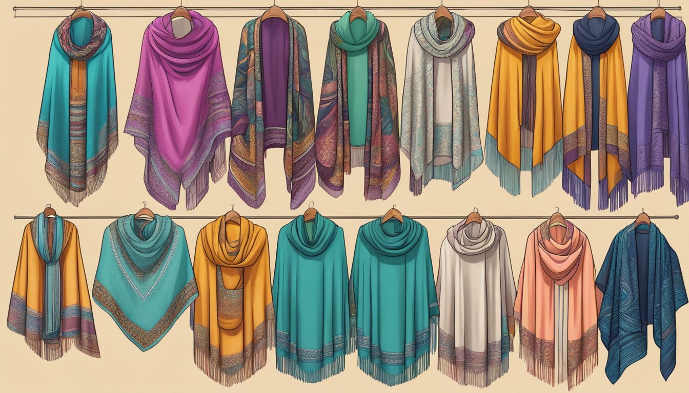 A colorful array of shawls displayed on a virtual storefront, with various patterns and textures. The website features easy navigation and secure payment options for online shoppers