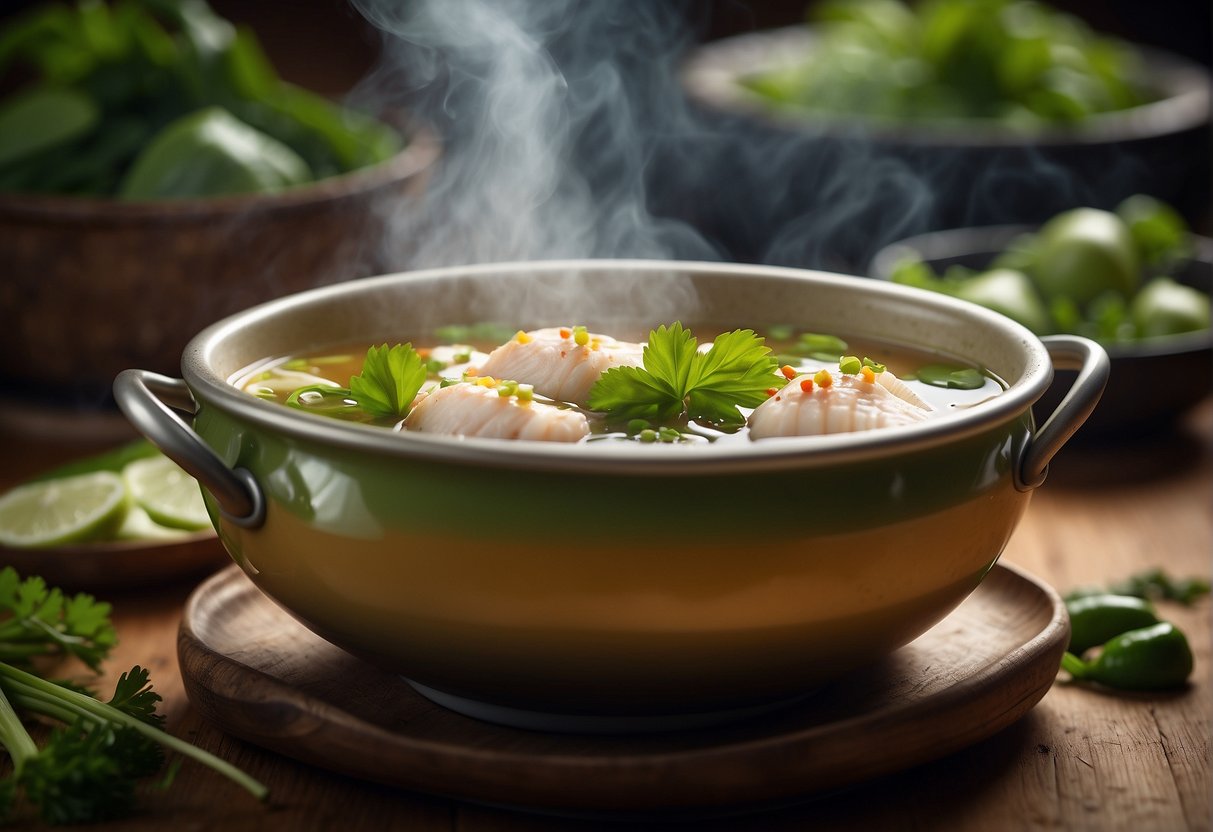 A steaming pot of Chinese ginger fish soup with vibrant green garnishes and aromatic flavor enhancers, such as fresh herbs and spices, arranged around the bowl