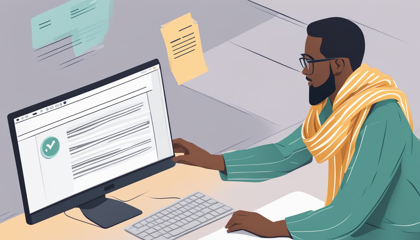 A computer with a shawl website open, a customer's hand hovering over a mouse, and a list of frequently asked questions displayed on the screen